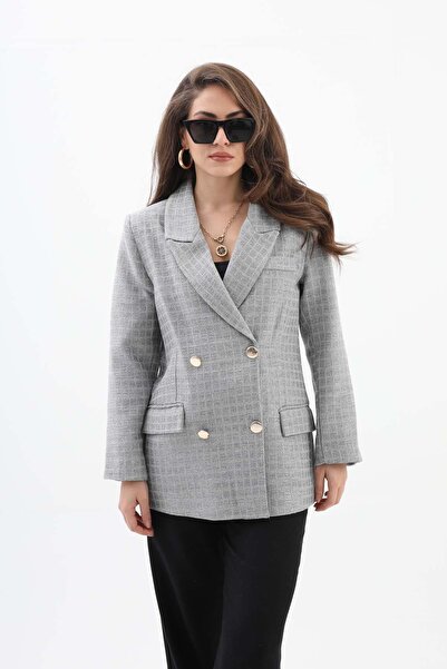 VAPUR TEKSTİL Square Pattern Double Breasted Collar Jacket - Gray