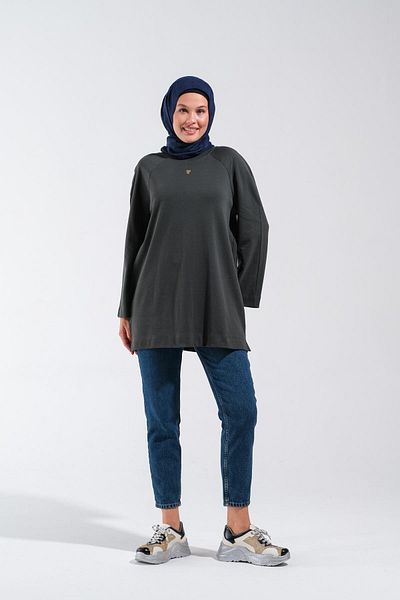 Plistre 2255_Reglan Sleeves Minimal Printed Basic Oversize Comfortable Fit Hijab Tunic