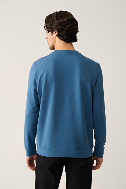 Avva Erkek İndigo Bisiklet Yaka İnterlok Baskılı Regular Fit Sweatshirt A41Y1246