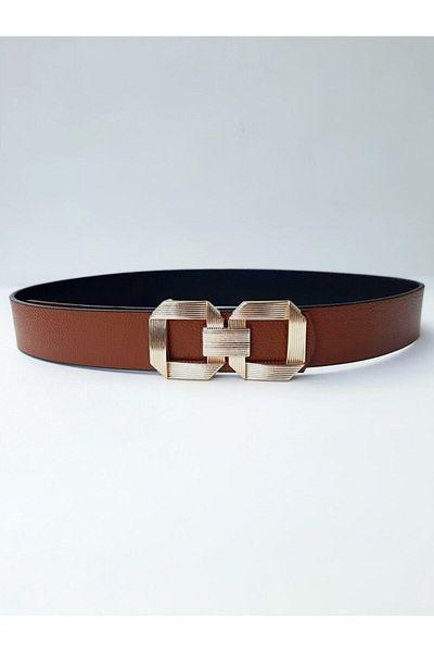 Kemerix Women's Double-Way Tan-black Belt with Gold Buckle