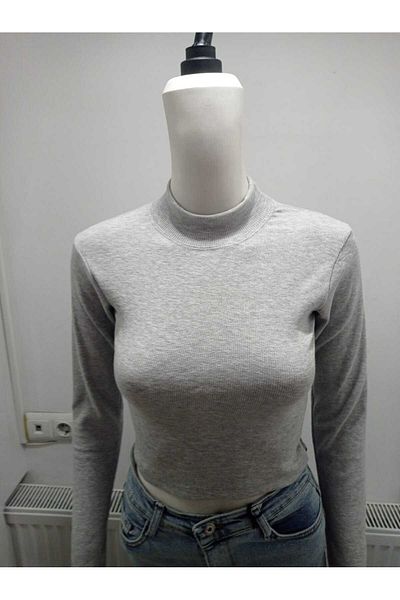 LADY HAZAL Gray Ribbed Half Turtleneck Camisole Crop Body Darkled Long Sleeve Knitted Blouse