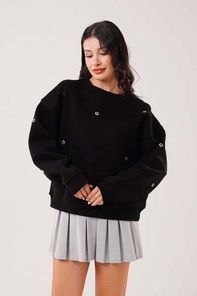 Hipo Trend Черен суитшърт с тринишков детайл тип „птиче око“