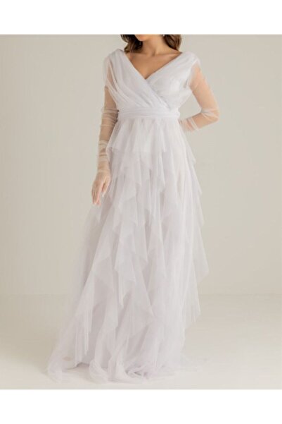 KIYAFET Kruvaze Yaka Fırfırlı Etek Abiye Nişan Nikah Balo Mezuniyet