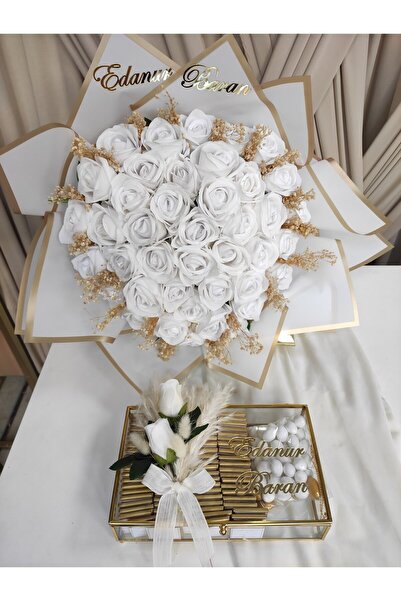 Masalsı Concept Söz Nişan Kız İsteme İçin İsim Baskılı 41 Kadife Gül Beyaz Kı...