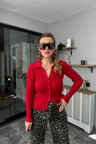 Banu Angay Red Polo Neck Cardigan