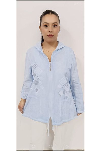 AKŞEN GİYİM LARGE SIZE WOMEN'S COTTON LINEN FABRIC EMBOSSED AND SIM PRINTED TWO-POCKET HOODED ZIPPERED JACKET