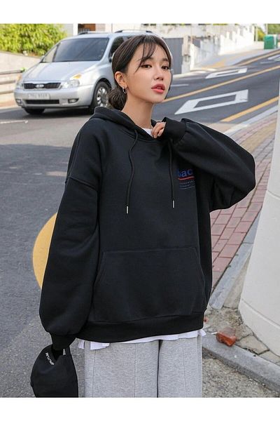Moda Glo Îmbrăcăminte boemă Hanorac oversize cu imprimeu pe spate negru