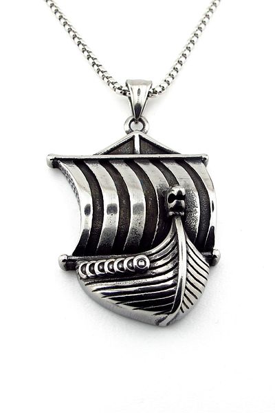 Solfera Nordic Scandinavian Rune Patterned Titanium Men's Necklace - Viking Sailboat Q0920