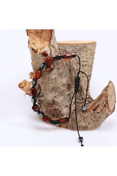 Taş Sandığı Hematite Stone Drop Amber Macrame Bracelet
