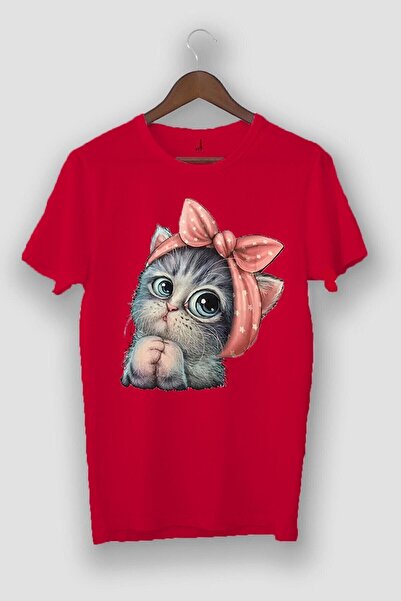 viptasarımtshirt تي شيرت أحمر لطيف مطبوع عليه قطة صغيرة للجنسين مقاس كبير