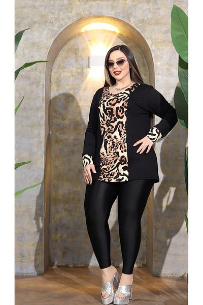 HÜLYA BUTİK Plus Size Leopard Print Long Sleeve Blouse
