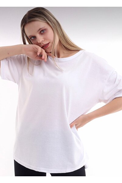 JAKARLI Unisex Pamuk Bisiklet Yaka Boyfriend Örme Oversize T-shirt