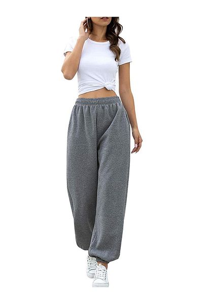twentyone Pantaloni de trening gri pentru damă, cu două fire, cu talie elastică