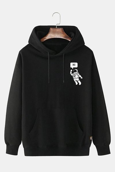 Moda Glo Unisex Φούτερ με κουκούλα σε βαθύ μαύρο χρώμα Hi Astronaut Printed Slim Fit