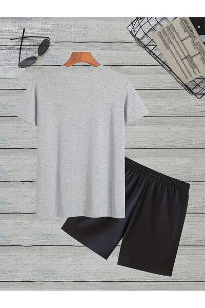 Moda Glo Ανδρικό γκρι μαύρο Oversize Challenge εμπριμέ μπλουζάκι και σορτς - Crew Neck