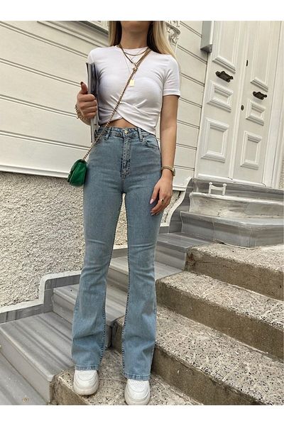 MAKRAS EXCLUSIVE Blugi Capella Blue Snow Wash Pantaloni din denim cu talie înaltă din lycra spaniolă