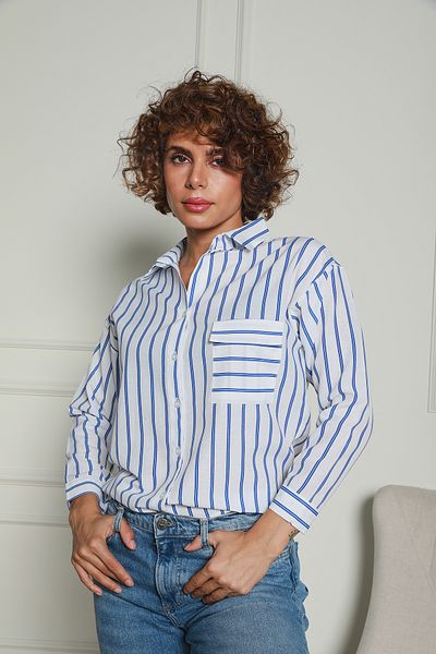 Butik Cămașă Saks Blue cu o singură buzunar cu dungi duble 1500056