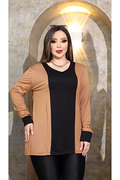 HÜLYA BUTİK Plus Size Coffee Front Black Stripe Long Sleeve Blouse