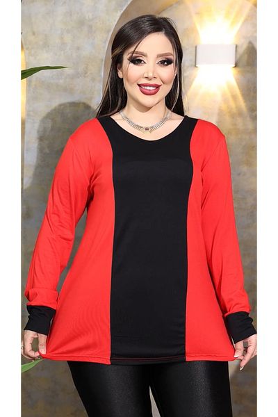 HÜLYA BUTİK Plus Size Red Front Black Stripe Long-Sleeve Blouse