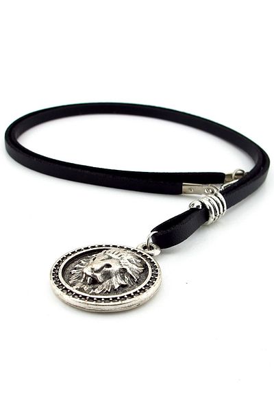 Solfera Leo Zodiac Sign Leo Embossed Lion Metal Black Leather Men's Necklace Q0899