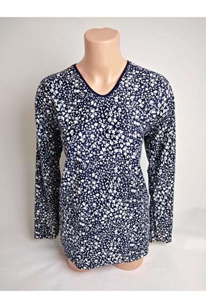 YAŞAR TRİKO Kadın Lacivert Desenli V Yaka Uzun Kollu Yanları Yırtmaçlı Mevsim...