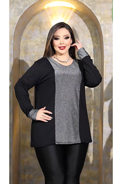 HÜLYA BUTİK Plus Size Long Sleeve Blouse with Glitter Front