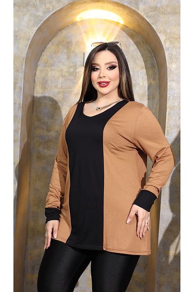HÜLYA BUTİK Plus Size Coffee Front Black Stripe Long Sleeve Blouse