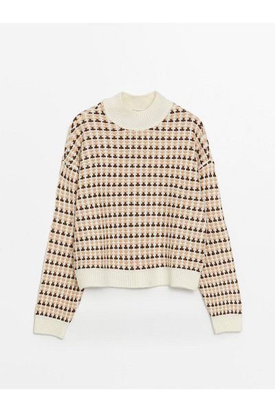 LC Waikiki Xside Stand Collar Patterned Long Sleeve Crop Women's Knitwear Sweater