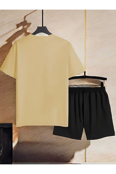 Moda Glo Men's Beige Oversize Large Deer Printed Crew Neck Short Sleeve T-Shirt Shorts Set