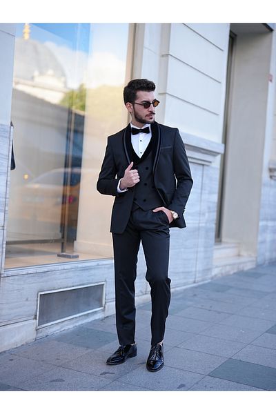 LONATOLİA Men's Velvet Slim Fit Tuxedo - Shawl Collar Italian Style Jacket and Vest Pants Bow Tie