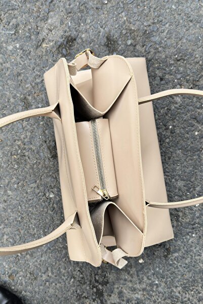 LEONAS XL Size Leather Accessory Detailed Zippered Women's Hand and Shoulder Bag Roman Mink