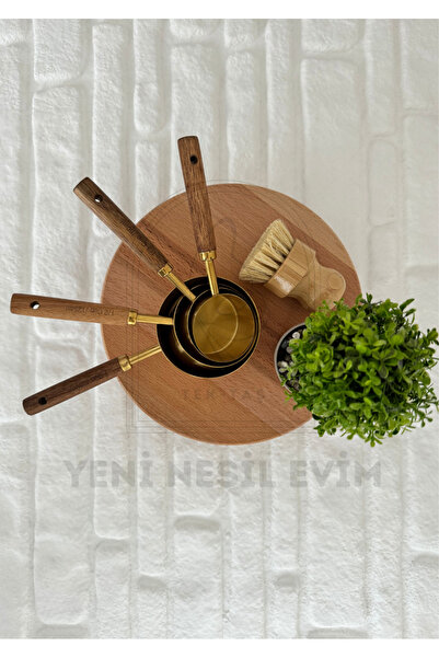 yeninesilevim 4'lü Ahşap Saplı Paslanmaz Çelik Gold Altın Yuvarlak Ölçü Kaşığı/Kalıbı 250/125/80/60 ml Hacimli