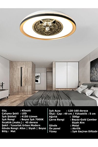 Gökyüzü Panel Bozkurt Gold Led AVİZE, 50cm yuvarlak, 45watt güçlü aydınlatma,...