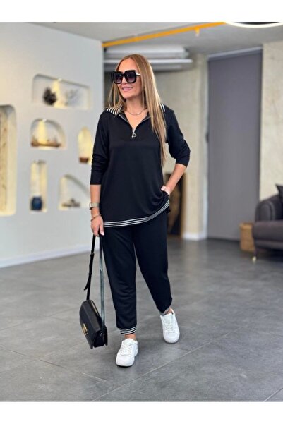 JANES Women's Long Sleeve Ribbed and Zipper Detail Blouse and High Waist Trousers 2-Piece Set