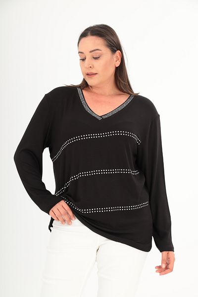 Şans Women's Plus Size Black Collar and Front Stone Print Detailed Blouse 65N38428