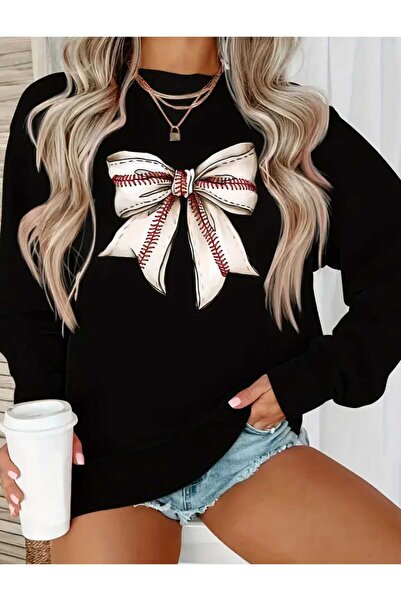 mia storia Hanorac de damă oversize cu fundă cu imprimeuă cu guler rotund