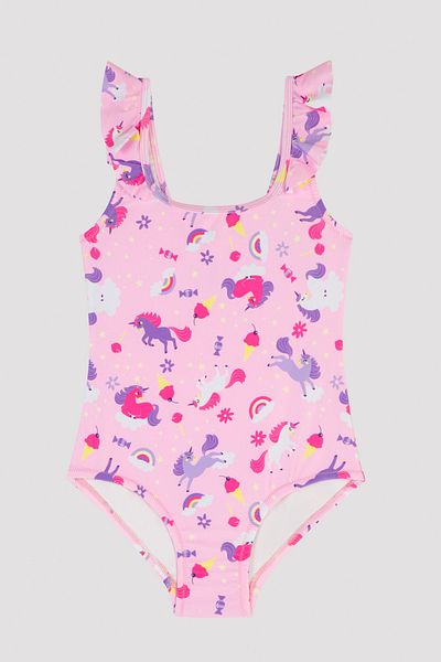 Penti Girl's Unicorn Patterned Colorful Ruffle Swimsuit