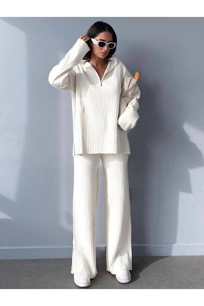 YILMAZ Women's Knitted Suit Ecru Twill Collar Leg with Zipper Slit