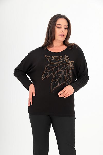 Şans Women's Plus Size Black Stone Print Detailed Bat Sleeve Blouse 65N38433