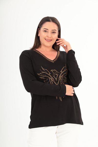 Şans Women's Plus Size Black Collar and Front Stone Print Detailed Blouse 65N38430
