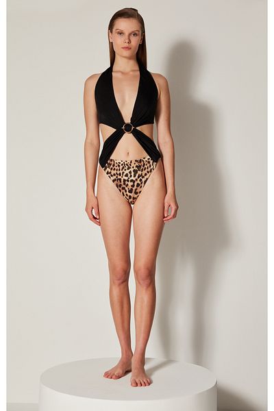 Penti Black and Leopard Patterned Metal Detailed Reneta Monokini Mayo-free Masur Collection