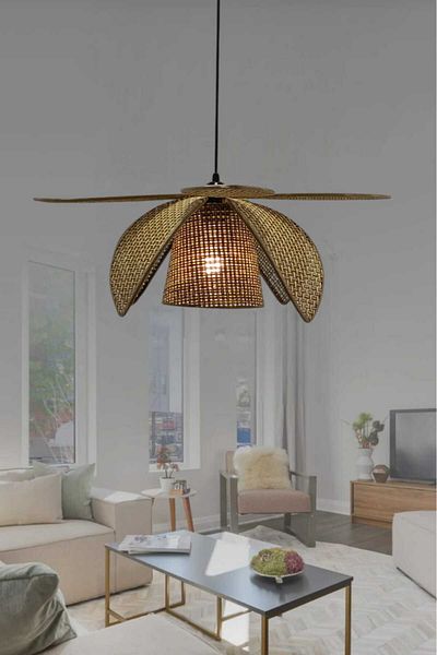 BSA LIGHTING ثريا PAMIR مفردة من الخوص مع عاكس الضوء البني - 8 أوراق للاستخدام في غرفة المعيشة وغرفة النوم والمطبخ والقاعة
