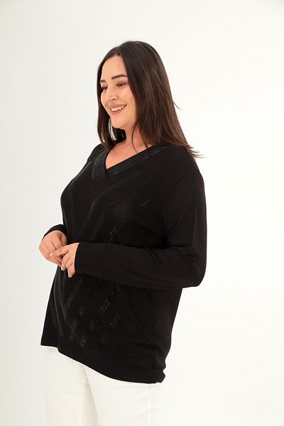 Şans Women's Plus Size Black Collar and Front Stone Print Detailed Blouse 65N38425