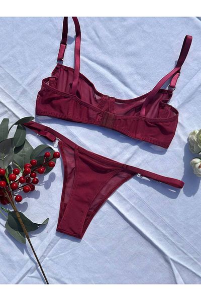 BLUE AVCI LINGERIE Set de bralet din tul cu sârmă roșu Claret Cherry Rotten