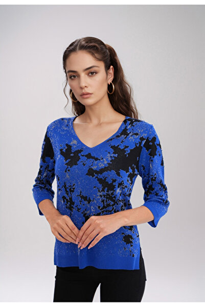 T Guel Women's Saks Blue-Black Silvery Print V-Neck Sweater