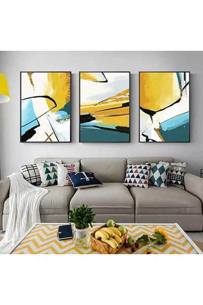 Linacci Triple Black Metal Frame Yellow Blue Live Glass Table Set