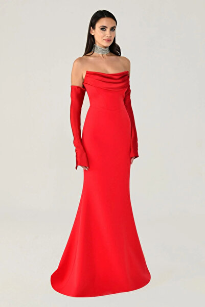 ALFABETA STRAPLEZ SATEN YAKA VE SATEN KOL DETAY BALIK ŞIK ABİYE ELBİSE