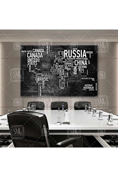 SML TABLO Siyah Beyaz Dünya Haritası Ülkeler Amerika Rusya Asya Avrupa Yatay Kanvas Tablo