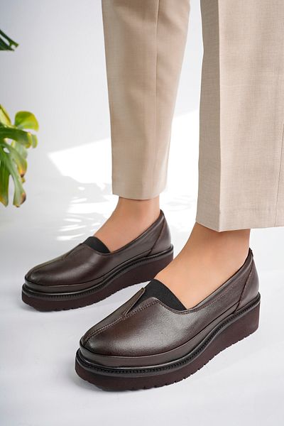 Akgün Terlik Women's Genuine Leather Brown Comfort Shoes