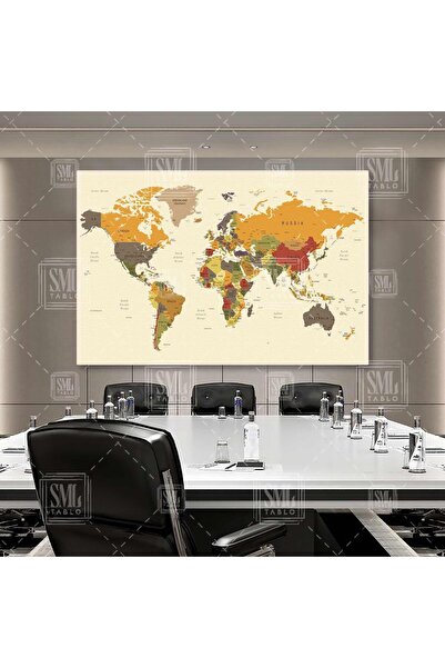 SML TABLO Vintage Retro Eskitme Dünya Siyasi Haritası World Map Yatay Kanvas ...